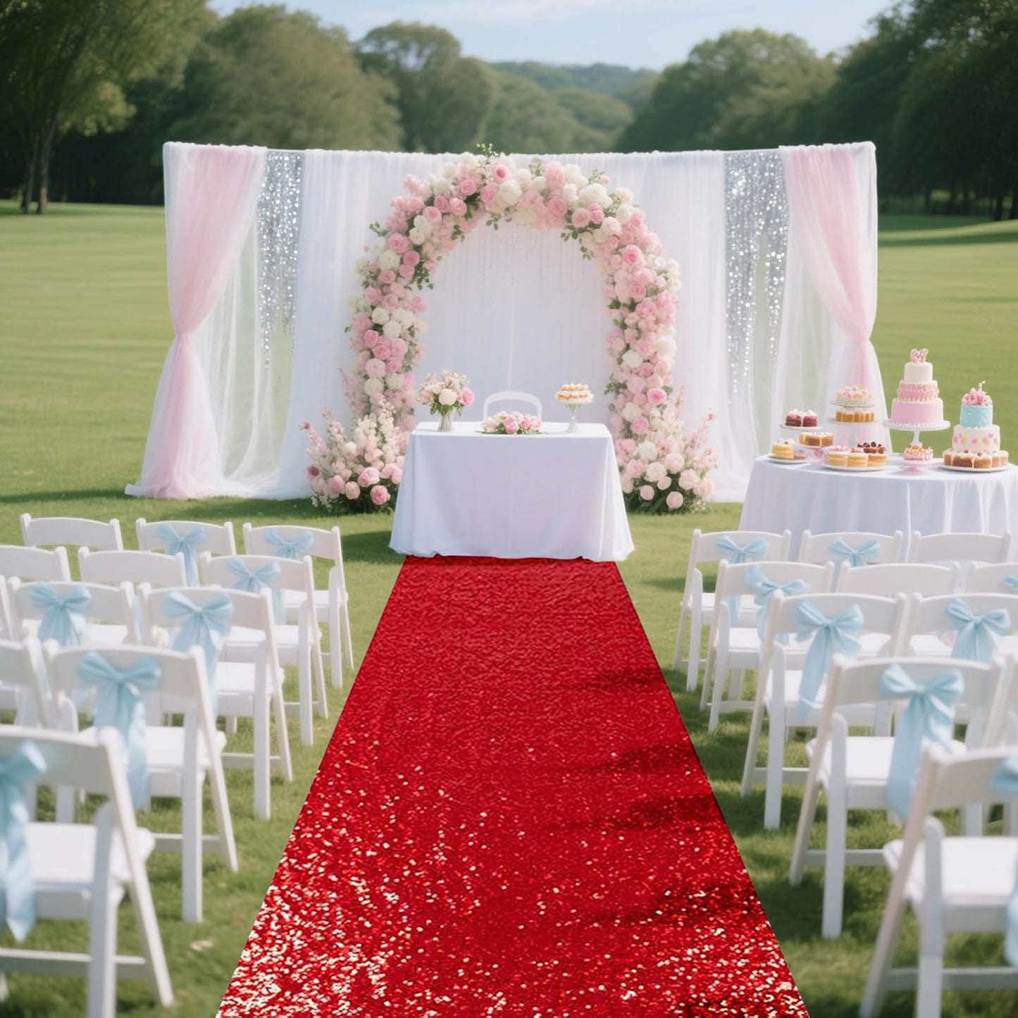 PartyDelight Wedding Aisle Runner for Ceremony Red 4FTx15FT Sequin Carpet Sparkly Rug for Indoor Outdoor Weddings Engagement Decoration