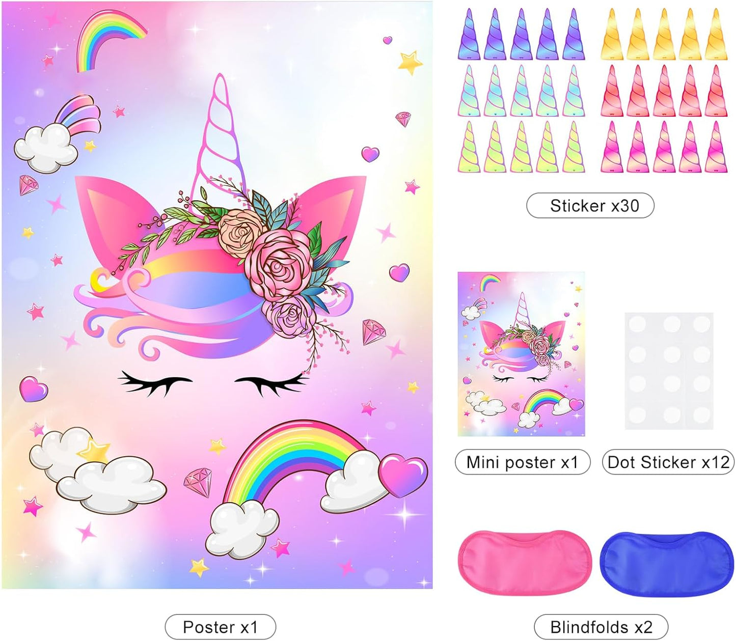 NEBURORA Pin The Horn on The Unicorn with 30 PCS Horns Birthday Party Supplies for Girls Birthday Christmas Party Game for Kids