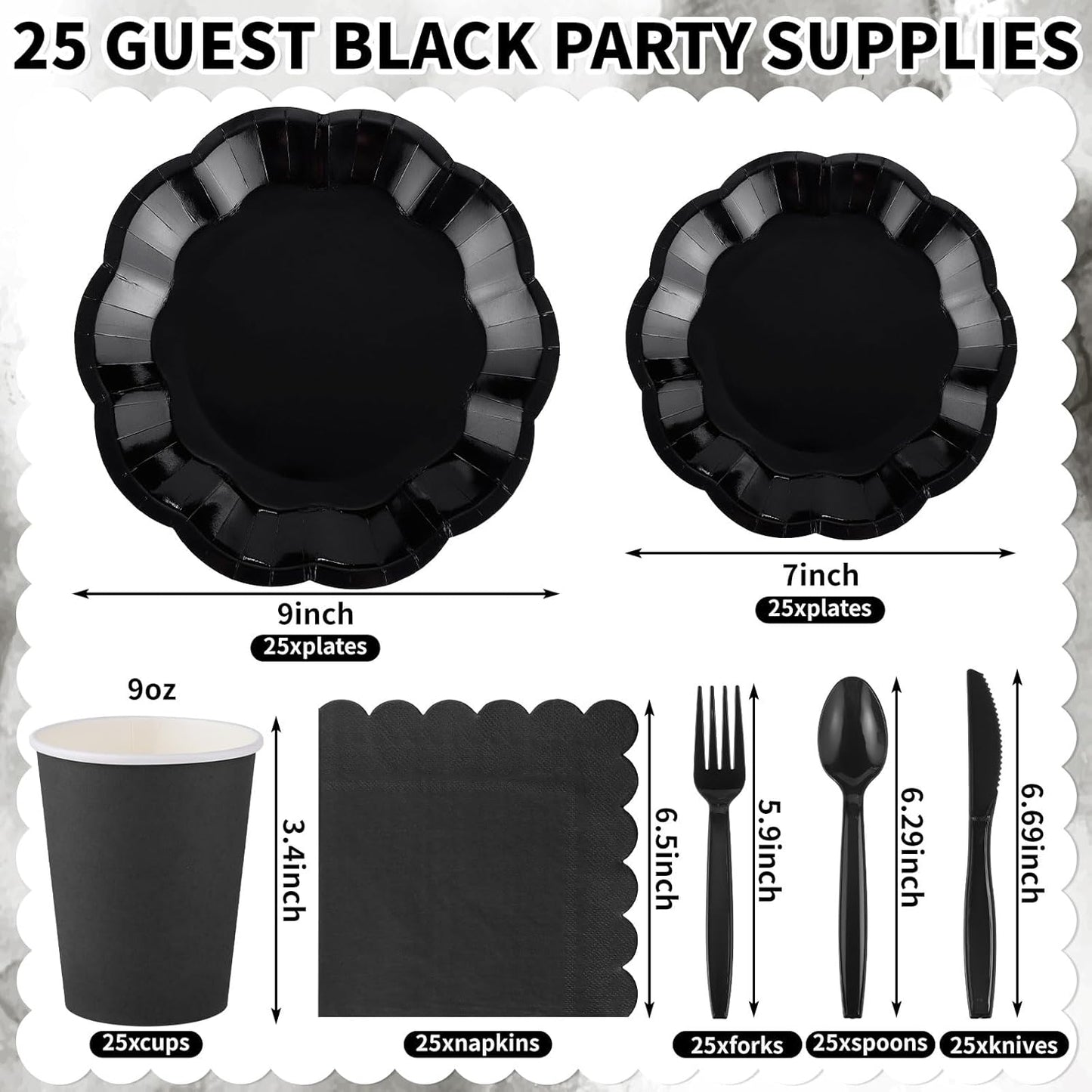 175 Pcs Black Plates and Napkins Set, 25 Guest Black Party Supplies Include Scalloped Plate Paper Napkin Cup Forks Knives Disposable Plastic Cutlery for Wedding New Year Birthday Holiday Party