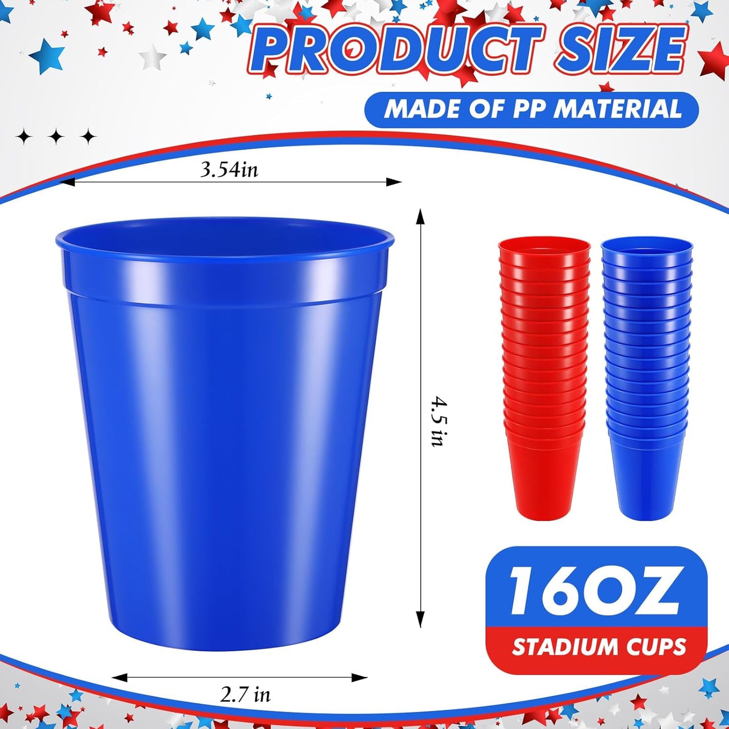 Yungyan 50 Pack 16oz Stadium Cups Reusable Plastic Cups Blank Drink Tumblers for Parties, Events, DIY Projects, 4.5 x 3.54 x 2.72 Inch (Red and Blue)
