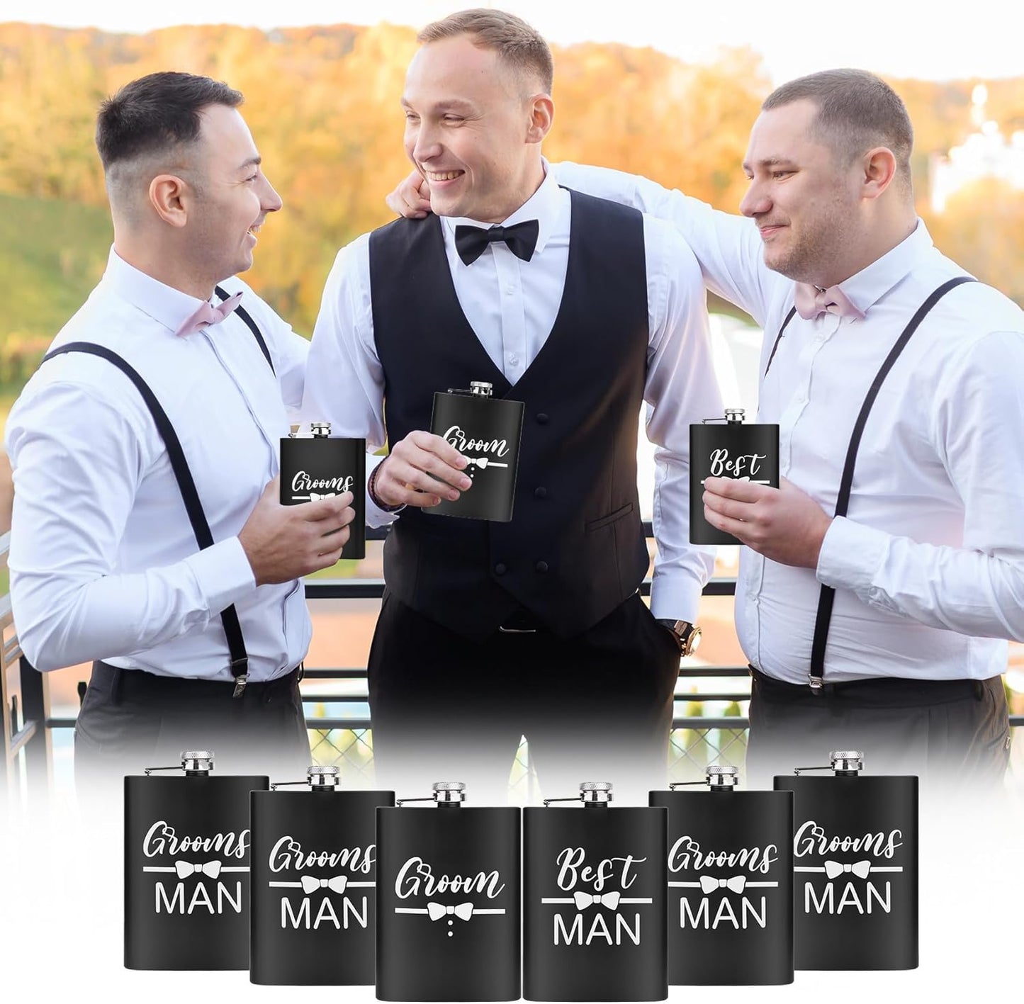 ELEGANTPARK Engraved Groomsman Gifts Set of 6 Groom Best Man Groomsman Flasks Wedding Gifts for Men Bachelor Party Favor Stainless Steel Hip Flask for Liquor with Funnel for Men 8 OZ Black