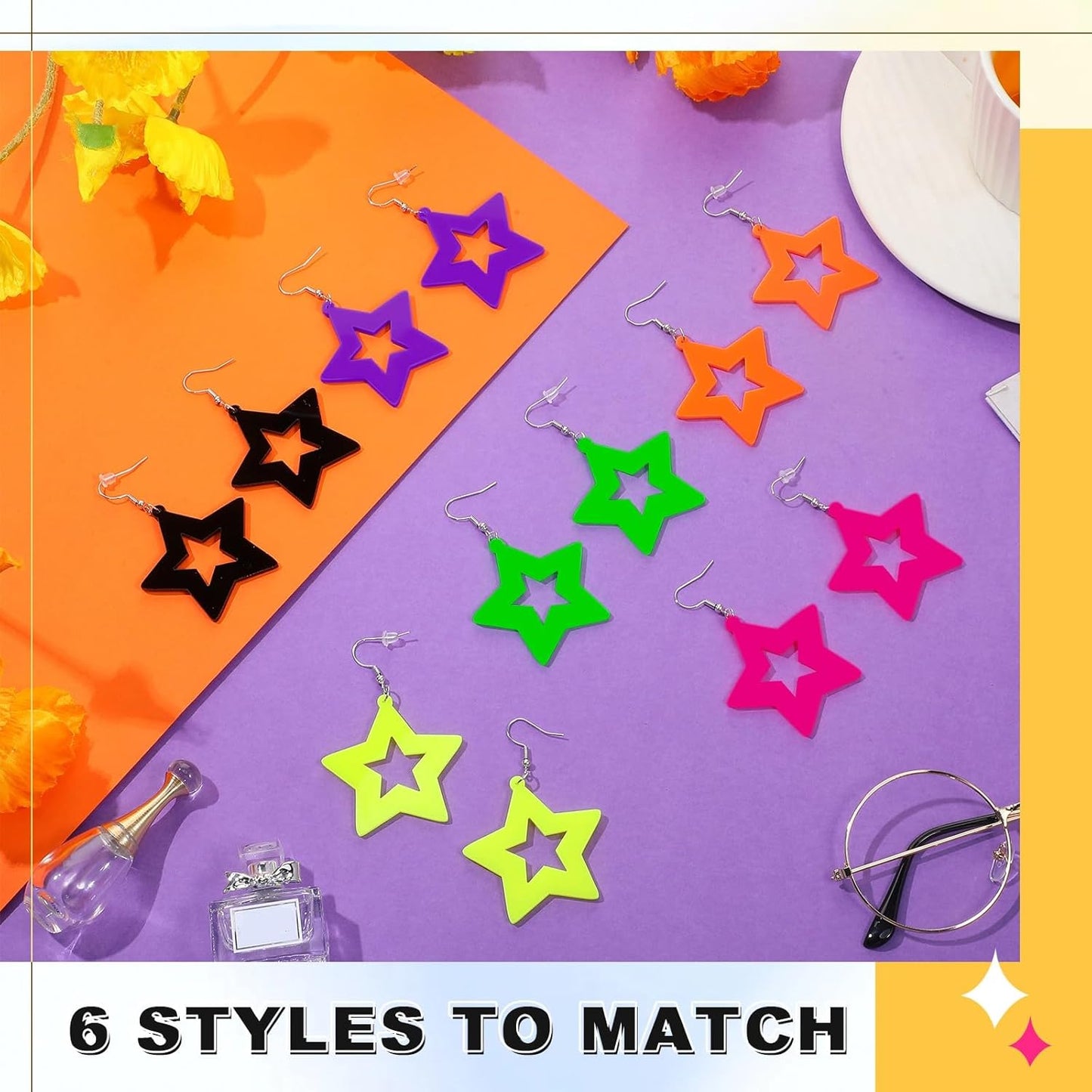 Yinkin 6 Pairs 80s 90s Neon Earrings Lightning Earrings for Women Halloween Costume Party Dancing Glow Party Accessory