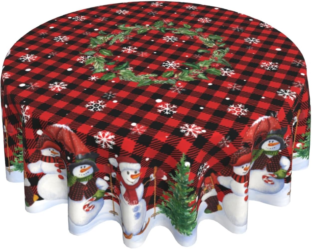 Giwawa Snowman Round Tablecloth 60Inch Winter Snowflakes Christmas Tree Table Cloth with Red Black Buffalo Plaids Xmas Holly Berries Table Cover Reusable Waterproof for Kitchen Dining Holiday Decor
