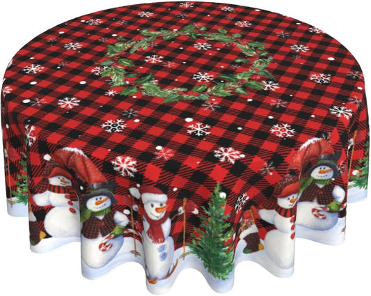 Giwawa Snowman Round Tablecloth 60Inch Winter Snowflakes Christmas Tree Table Cloth with Red Black Buffalo Plaids Xmas Holly Berries Table Cover Reusable Waterproof for Kitchen Dining Holiday Decor