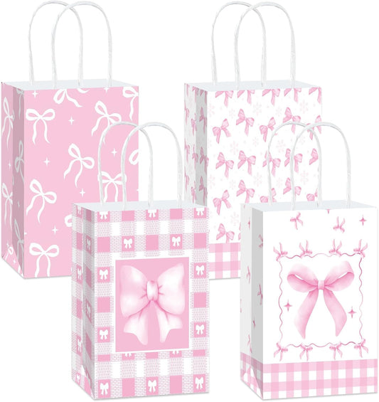 12 Pcs Pink Ribbon Bow Gift Bags with Handles, Plaid Kraft Paper Bags for Coquette-Style Birthday Party Favors, Baby Shower, Wedding, Girls Tea Party, Cute Pink Goodie Bag Bulk for Treats and Gifts