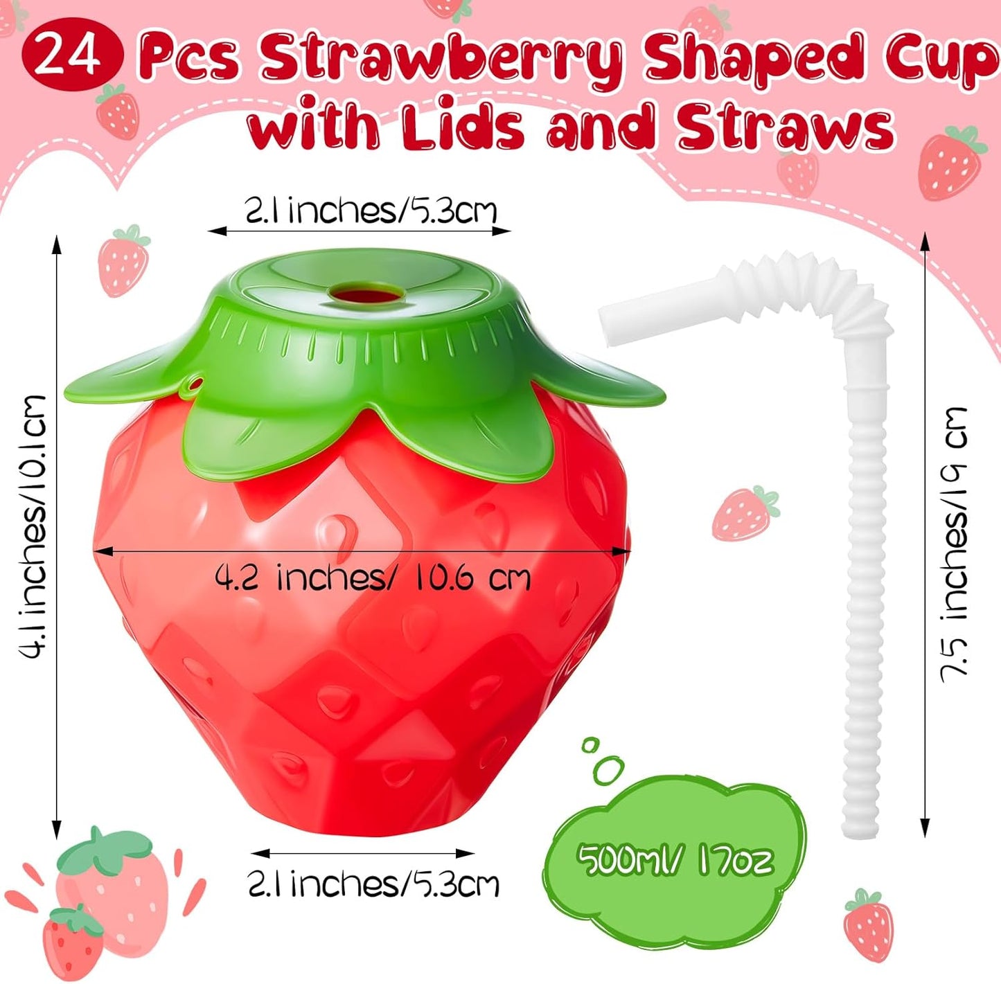 Havawish 24 Pcs Strawberry Shaped Cup with Lids and Straws, 17oz Strawberry Birthday Party Supplies Plastic Portable Reusable Cute Cups Water Bottle for Girls Women Drinking