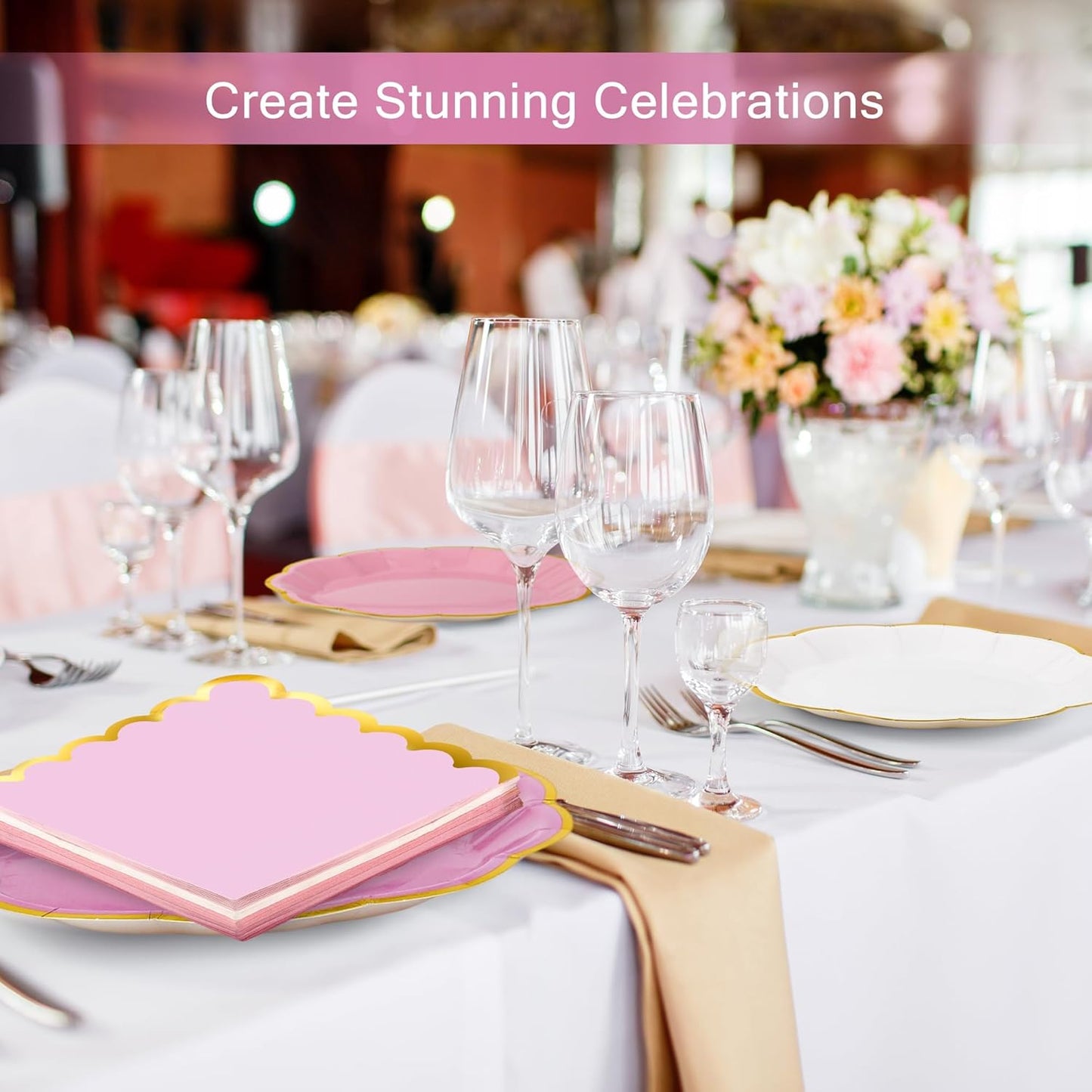 100 Pcs Dusty Pink Paper Plates and Napkins Gold Foil Scalloped Paper Plates & Napkins Disposable Tableware Set for Birthday Wedding Baby Shower Party Decorations