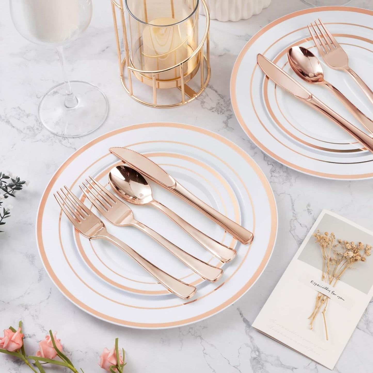 BESTVIP 600PCS Rose Gold Plastic Plate Set (100 Guests), Plastic Plates for Party Wedding Birthday, Disposable Dinnerware Set of 200 Plates, 200 Forks, 100 Spoons, 100 Knives for Christmas