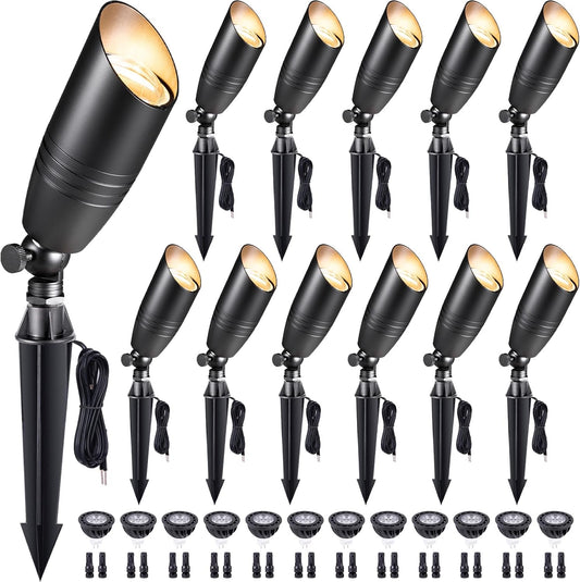 Gardenreet Die-Cast Brass Spot Light Outdoor - 12V LED Uplighting Waterproof, Low Voltage Landscape Lights Direct Wire, Black for Fence Fountain with Daytime White MR16 Replaceable Bulbs (12 Pack)