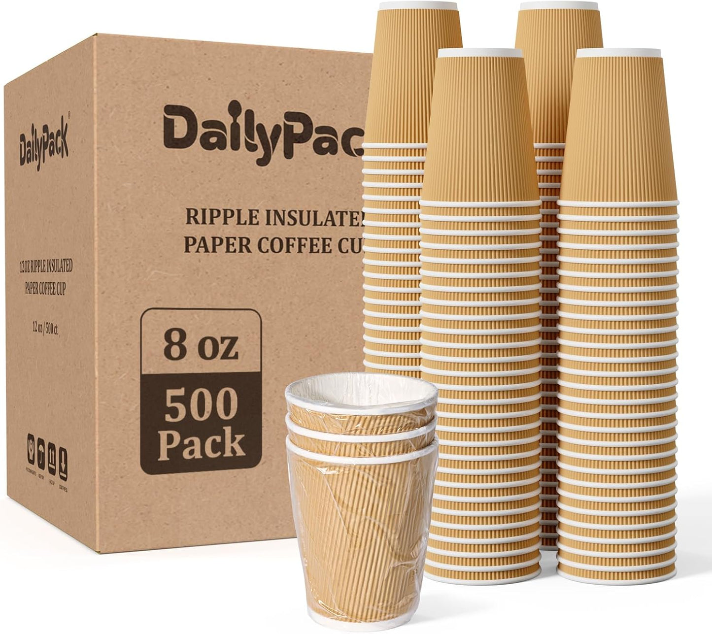 500 Pack 8 oz Coffee Cups, Insulated Ripple Wall Hot Coffee Cups for Home, Office, Hotel, Meetings, Parties