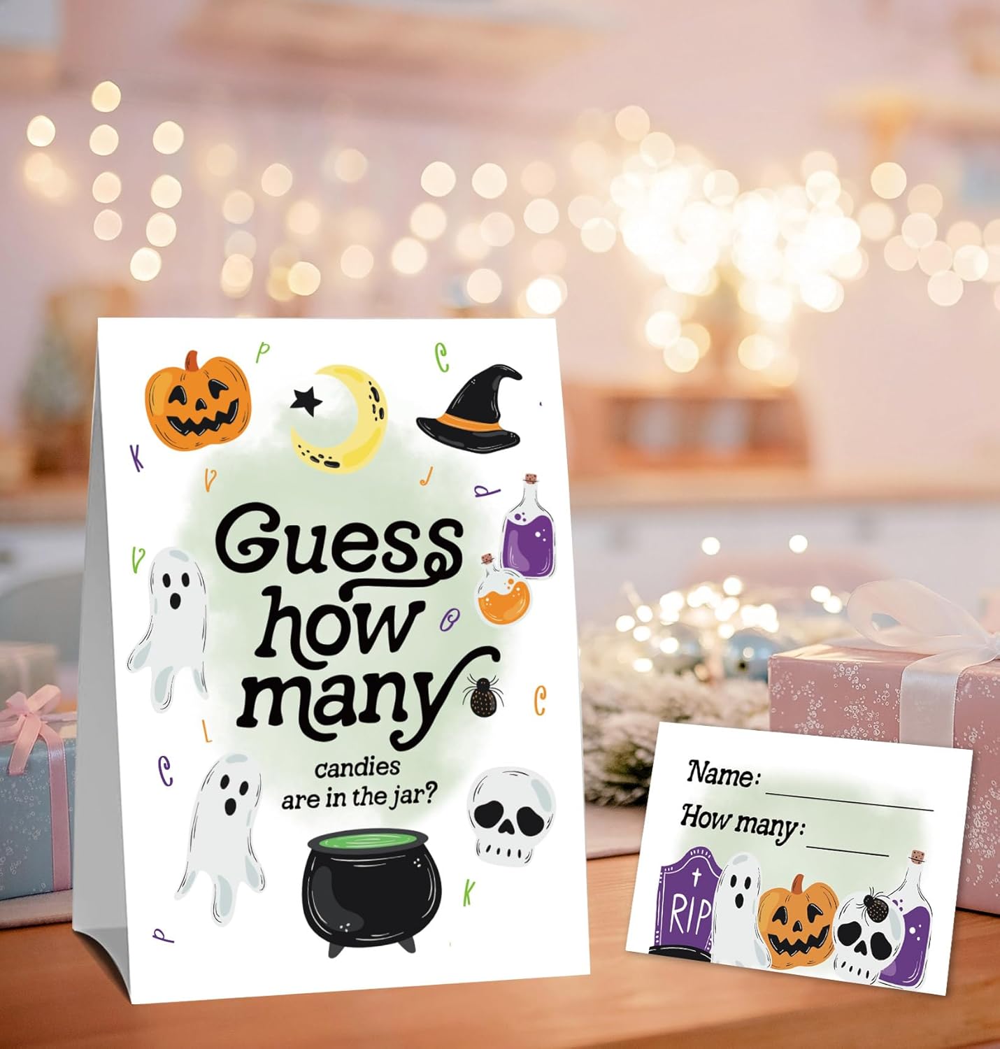 Halloween Guess How Many Party Games for Adults and Family,Halloween Raffle Cards Kits (1 Standing Sign & 50 Guessing Cards),Backyard Indoor Outdoor Guessing Activities for Birthday Party-6