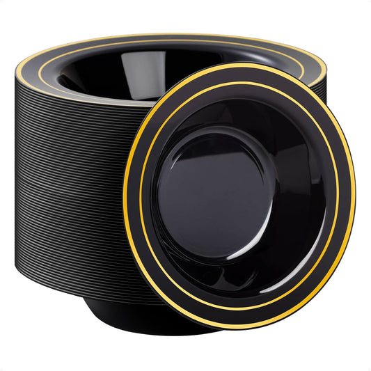 Goodluck 100 Pack Black Plastic Bowls with Gold Rim, 12oz Disposable Soup Bowls, Heavy Duty Dessert Bowls for Weddings, Parties, Dinners, Catering, and New Year