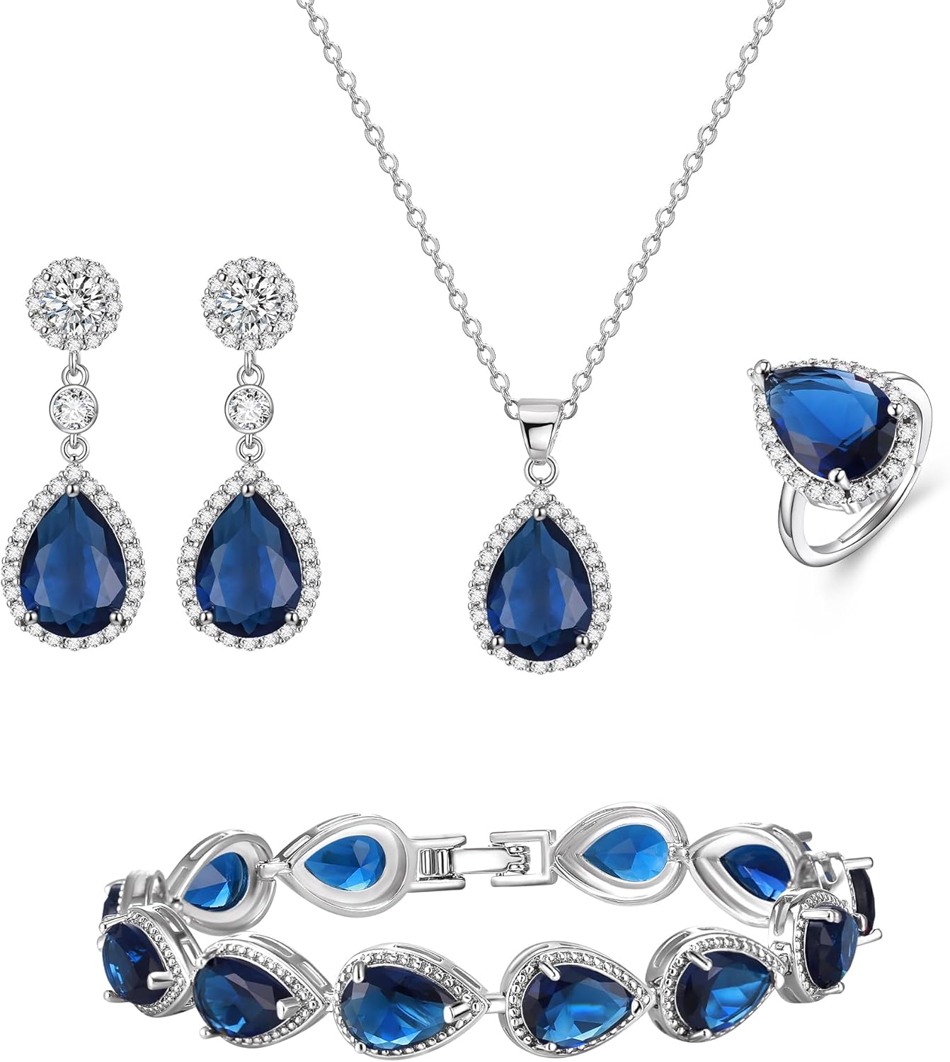 EleQueen Water Drop Pendant Necklace Long Dangle Earrings Tennis Bracelet Set, Sparkle Cubic Zirconia Teardrop Wedding Jewelry Sets for Bride Bridesmaid