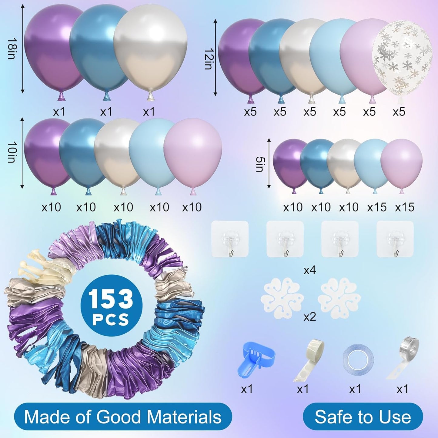 Amandir 153pcs Blue Purple Balloon Garland Arch Kit, Different Sizes 18 12 10 5 inch Blue Purple Pearlescent Metallic Confetti Snow Balloons for Princess Winter Wonderland Girl Baby Party Decorations