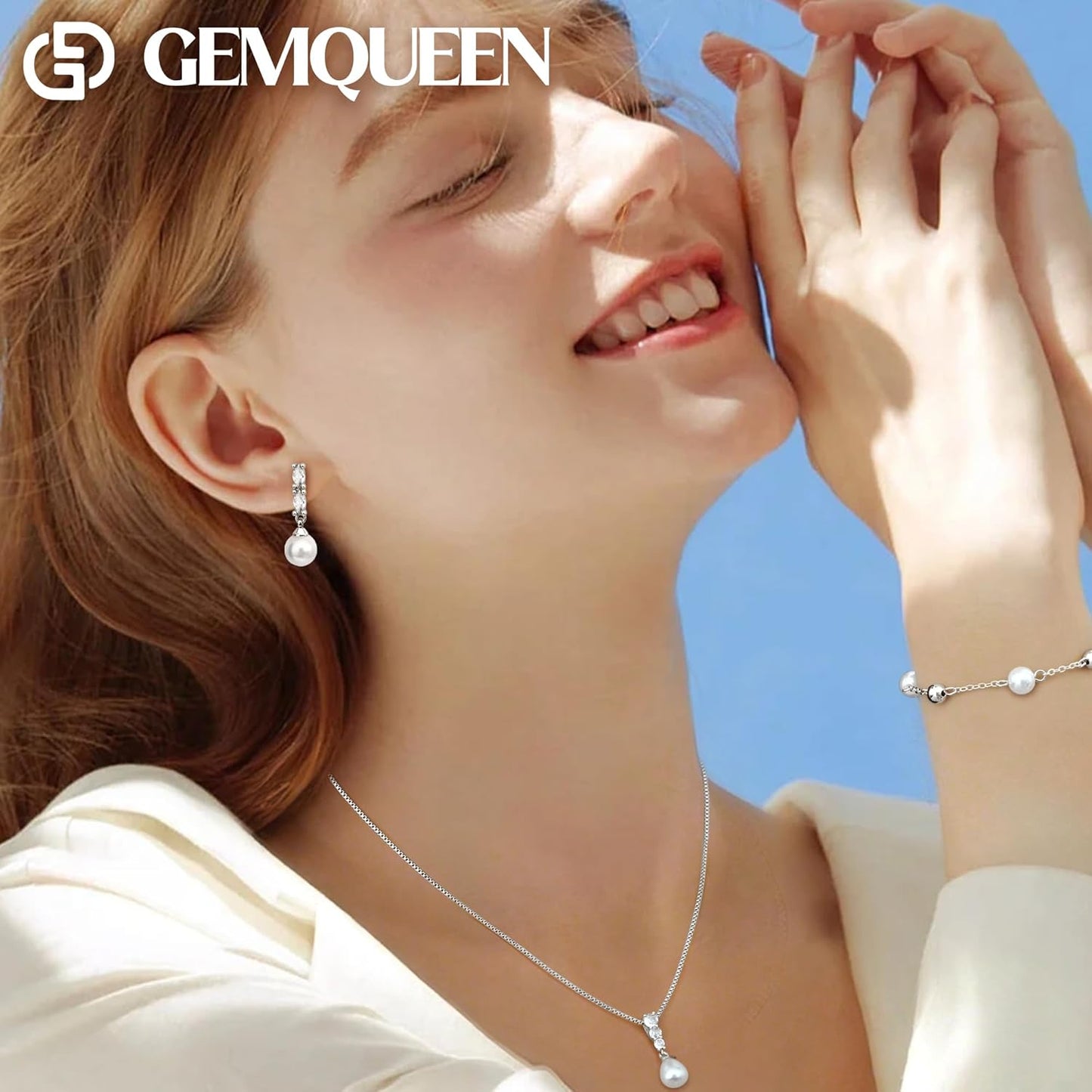 14K Gold Plated Pearl Jewelry Set for Women - 925 Sterling Silver Post Dangle Earrings Dainty Pearl Necklace Bracelet Wedding Jewelry Sets for Bride Bridesmaid CZ Costume Accessories Trendy