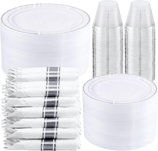 WELLIFE 350-Piece Silver Plastic Dinnerware Set - Disposable 10.25" Dinner Plates, 7.5" Dessert Plates, 9oz Silver Rim Cups & Cutlery for Weddings - 50 Guest Service - Elegant Disposable Silverware