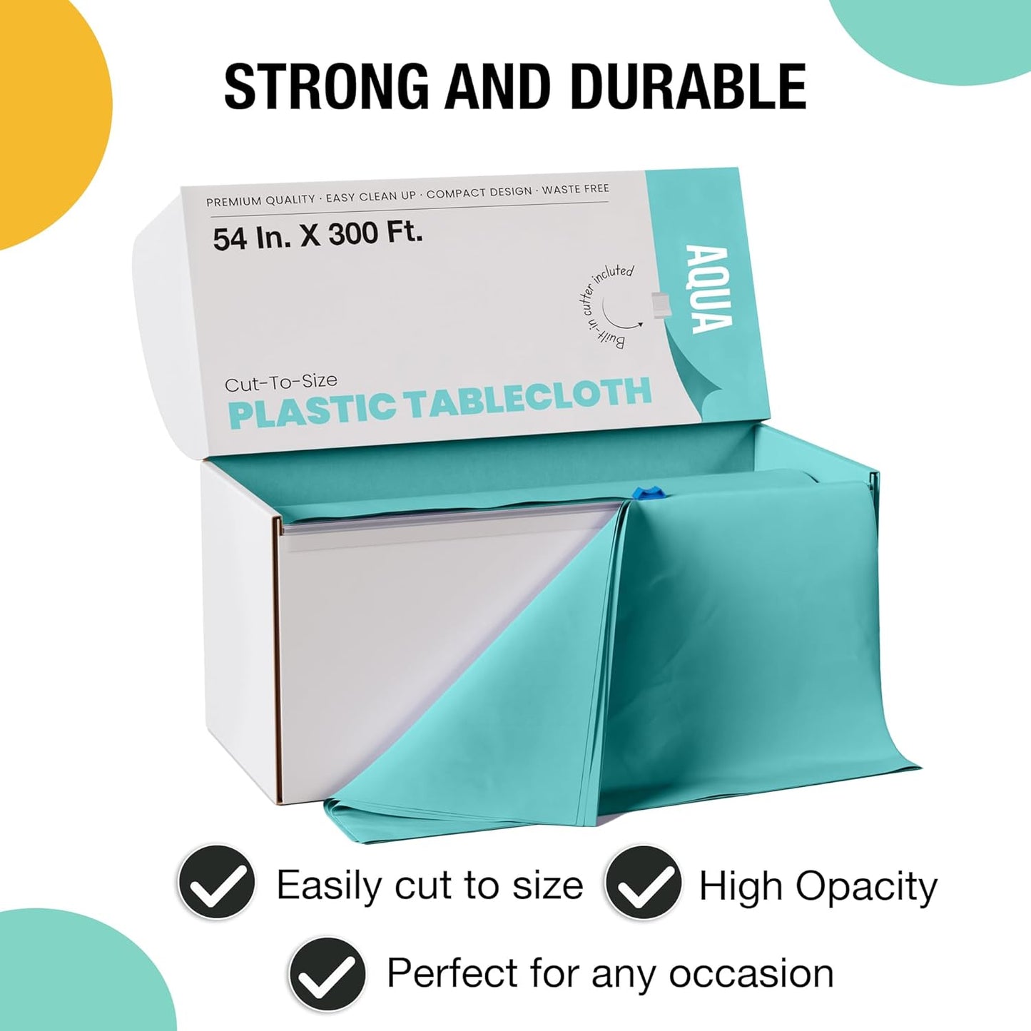 Party Solids 54 Inch X 300 Feet Aqua Plastic Table Cover Roll in A Cut - to - Size Box with Convenient Slide Cutter. Cuts Up to 36 Rectangle 8 Feet Plastic Disposable Tablecloths