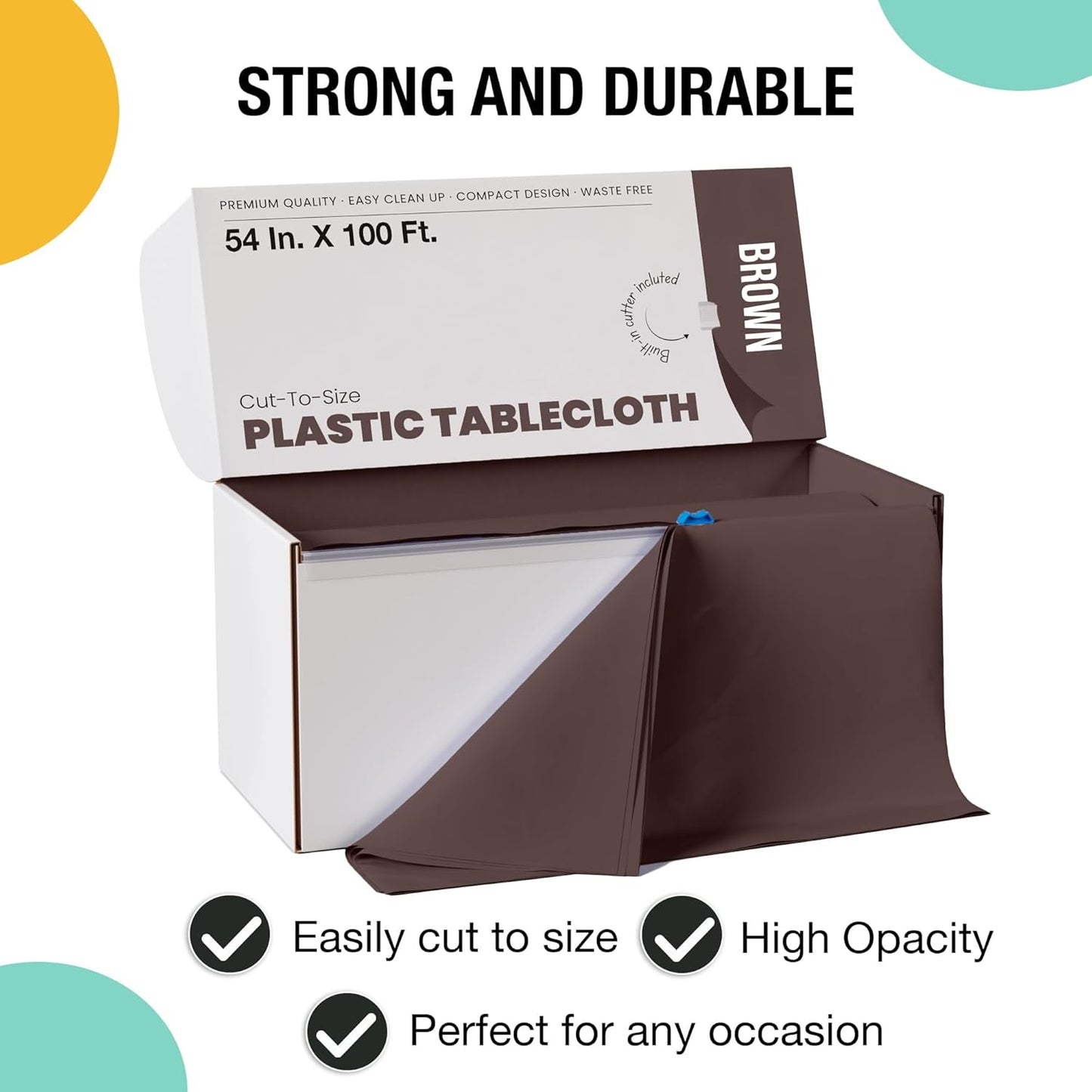 Party Solids 54 Inch X 100 Feet Brown Plastic Table Cover Roll in A Cut - to - Size Box with Convenient Slide Cutter. Cuts Up to 12 Rectangle 8 Feet Plastic Disposable Tablecloths