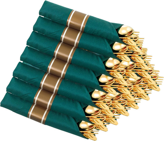 Supernal Gold Plastic Silverware with Green Napkins,Gold Silverware Disposable,Wrapped Plastic Cutlery Set with Napkin,Pre Rolled Silverware Set Disposable,Christmas Cutlery Suitable for 30 Guests