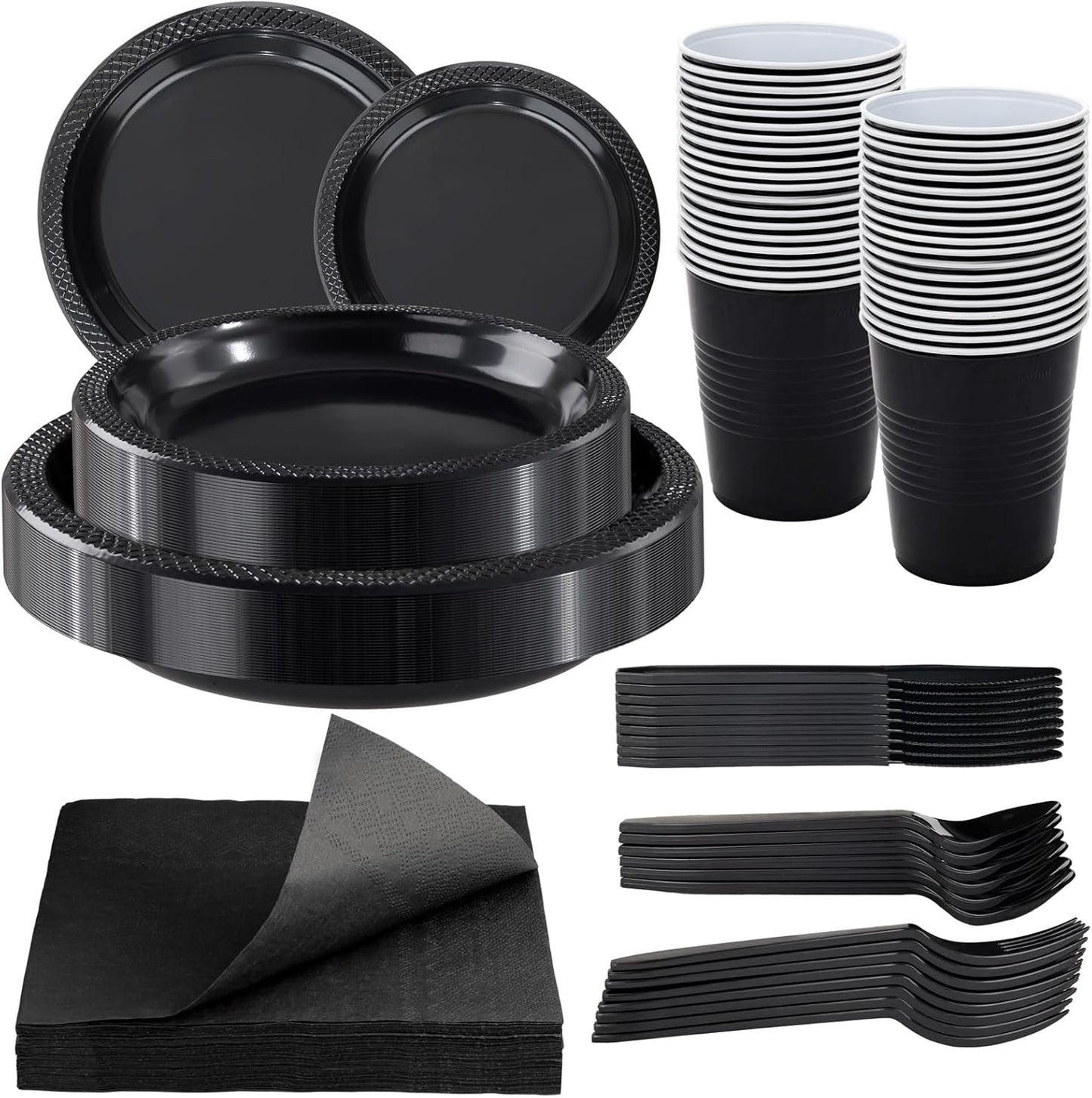 WELLIFE 210Pcs Black Plastic Plates, Disposable Dinnerware Set, Party Supplies Including Black plates, 12oz Cups, plastic Cutlery and Napkins Serve 30 Guests, Plastic Plates for Party