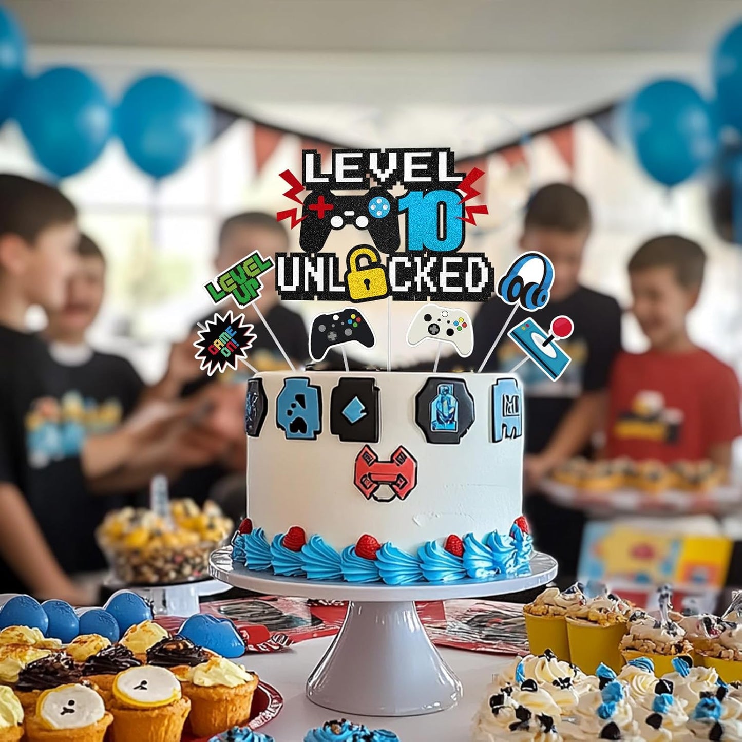 Video Game Cake Topper, Level 10 Unlocked Cake Topper, Happy 10th Birthday Game Party Decorations for Boys Girls, Video Game Controller Themed Birthday Party Supplies for Game Fans, Kids and Men