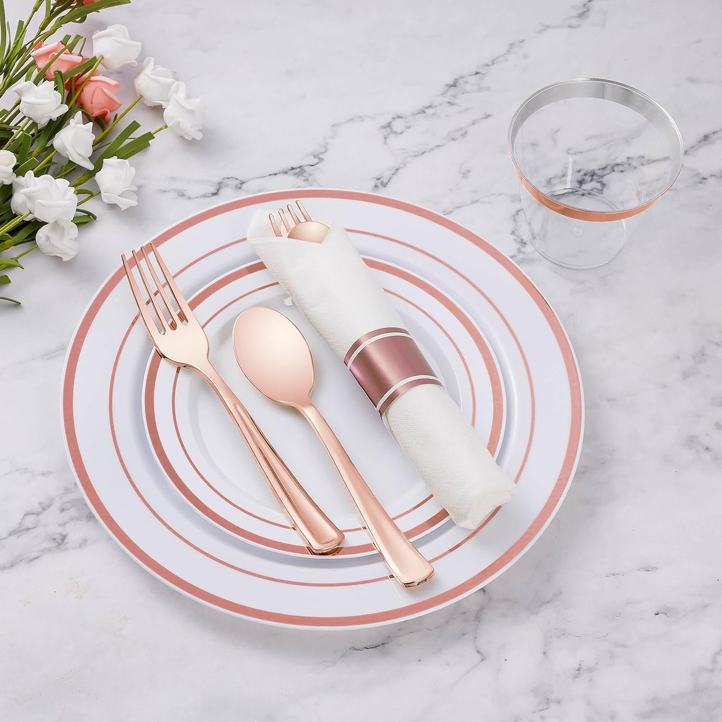 Goodluck 350 Piece Rose Gold Plastic Dinnerware Set for 50 Guests, Fancy Disposable Plates for Party, Include: 50 Dinner Plates, 50 Dessert Plates, 50 Pre Rolled Napkins with Silverware, 50 Cups