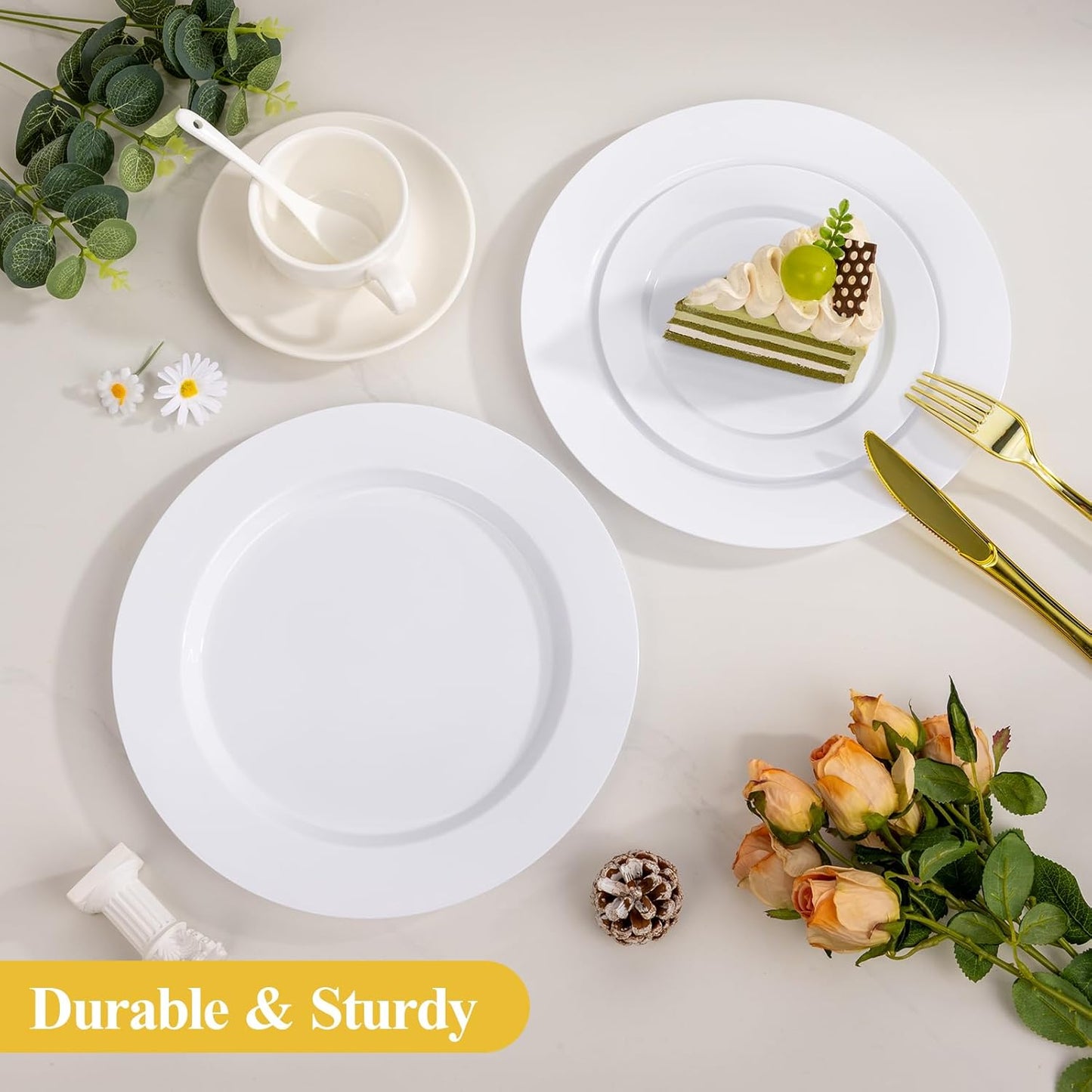 Goodluck 200PCS White Plastic Plates, Heavy Duty Disposable Plates with 100 10.25 inch Dinner Plates and 100 7.5 inch Dessert Plates for Party, Holiday, Wedding, Thanksgiving