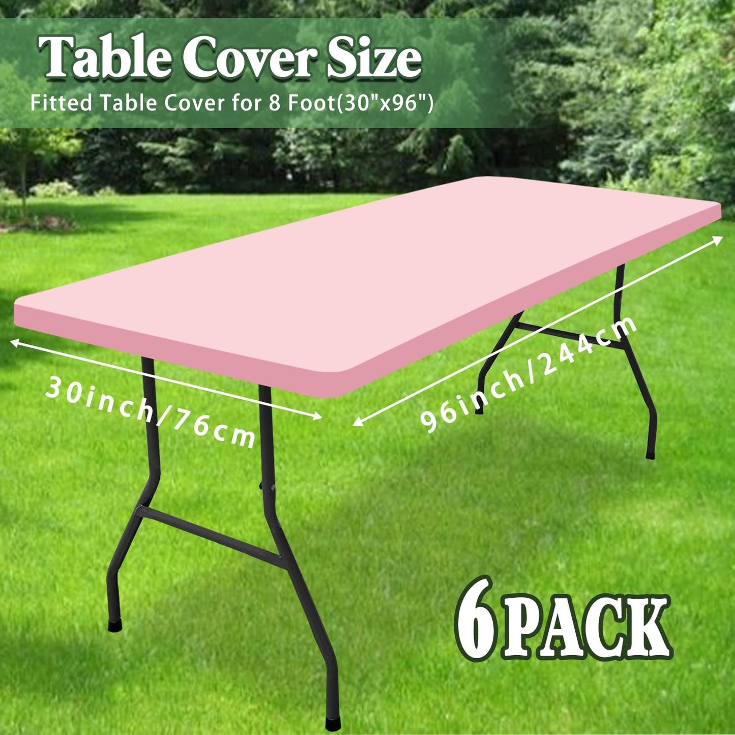 6 Pack Picnic Table Cover Fitted Elastic Tablecloth for 8 Foot Rectangle Tables Waterproof Stretch Washable Folding Indoor Outdoor Spandex Table Cloth for Parties Banquet Camping (Pink,30" x 96")