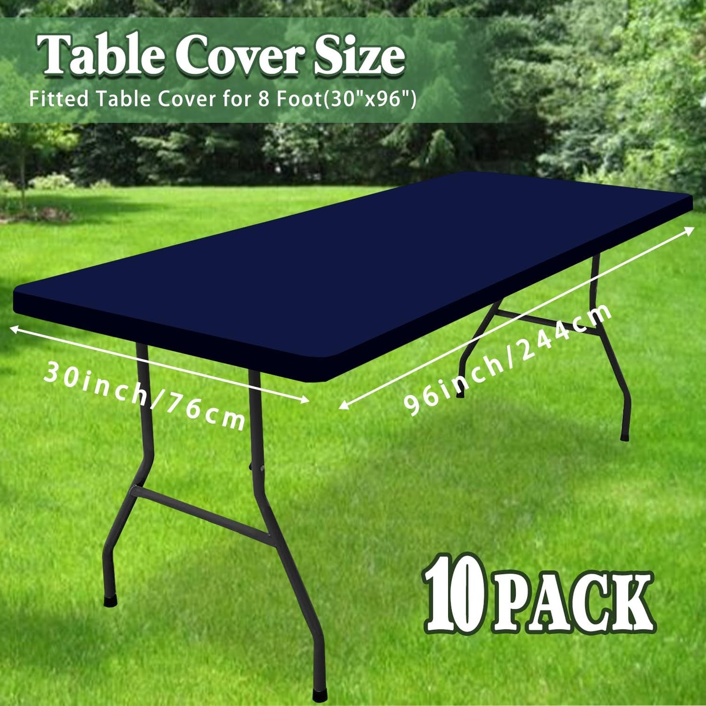 8 Foot Picnic Table Cover Fitted Elastic Tablecloth for Rectangle Tables 10 Pack Waterproof Stretch Washable Folding Indoor Outdoor Spandex Table Cloth Parties Banquet Camping (Navy Blue,30" x 96")