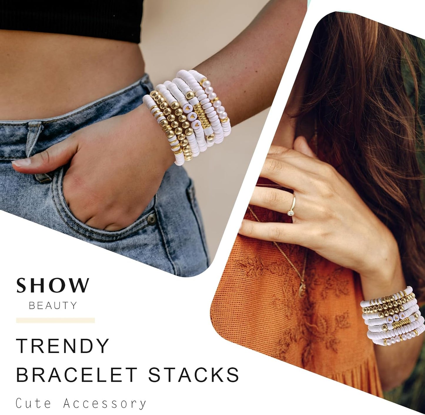 Friendship Bracelets Trendy Heishi Clay Bead Bracelets Stack Gold Beaded Stretch Bracelets for Women Boho Stackable Bracelets Bulk Cute Preppy Jewelry