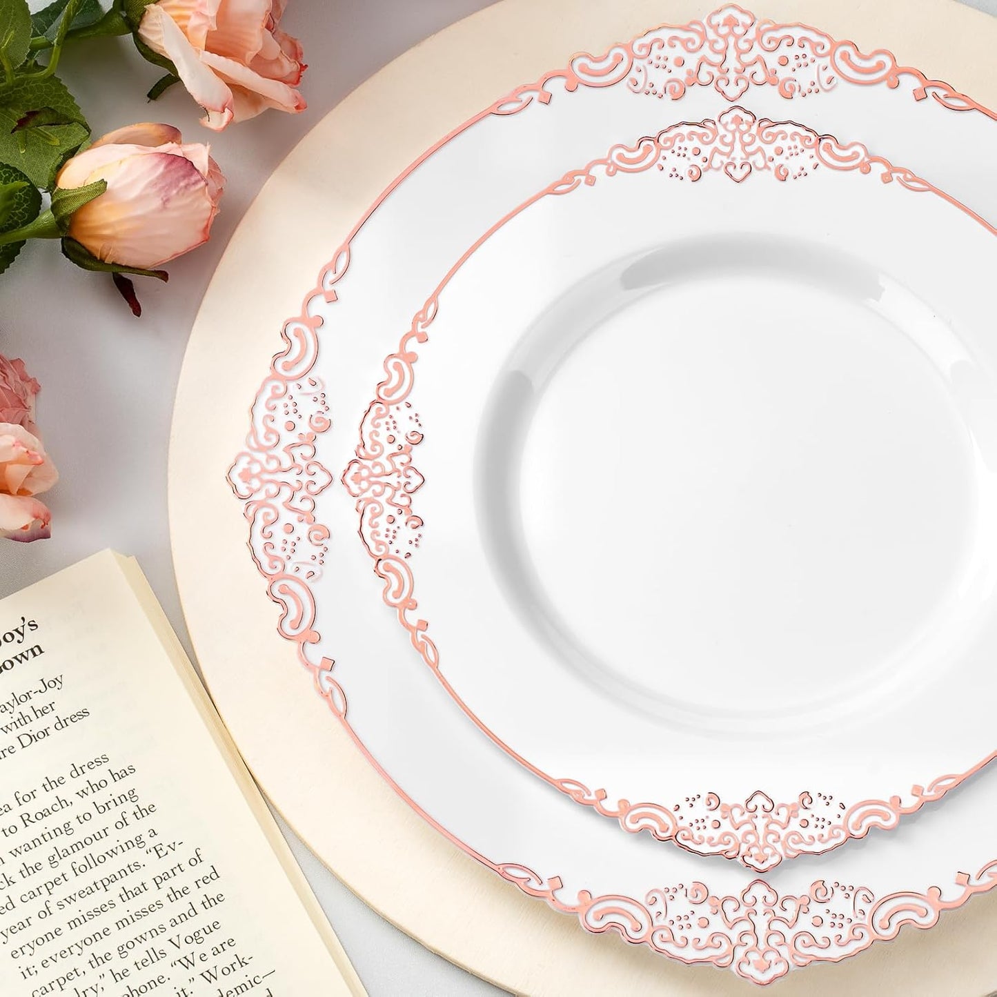 175PCS Rose Gold Plastic Plates for 25 Guests, Disposable Dinnerware Sets Include 50 Rose Gold Rim Plastic Plates, 25 Silverwares and 25 Cups, 25 Pre Rolled Napkins for Party, Graduation