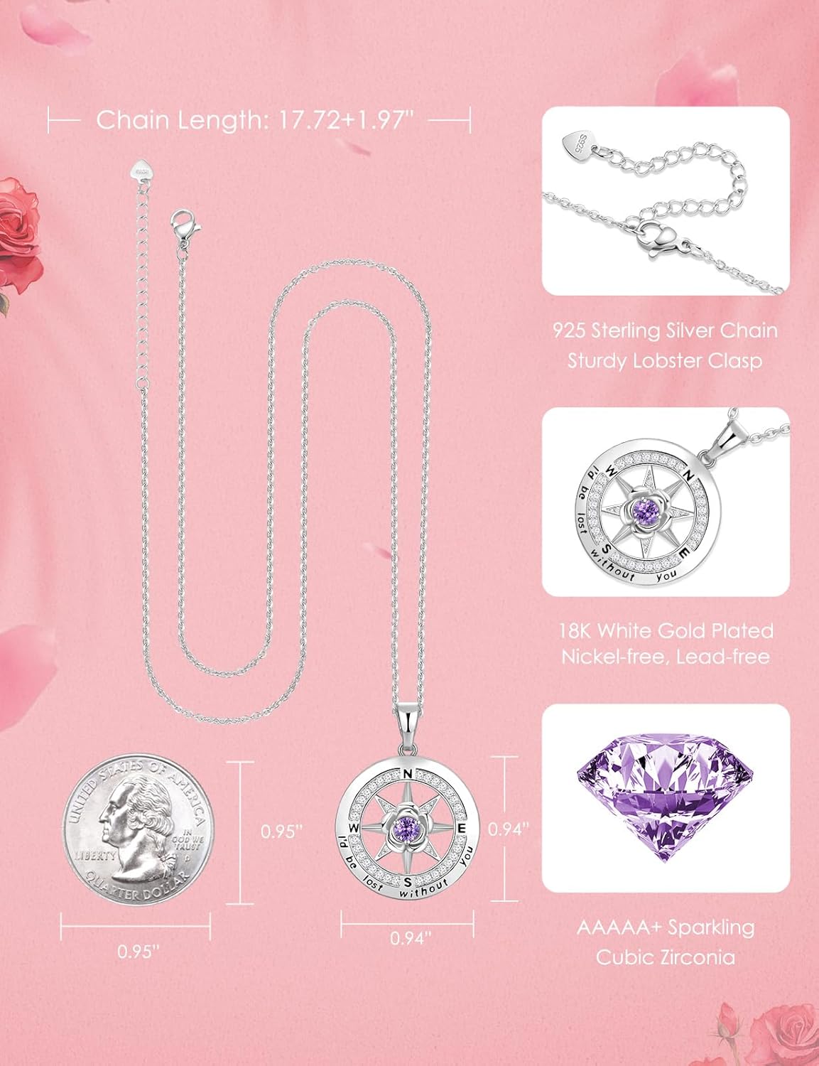 Silver Compass Necklace for Women Birthday Gifts for Wife Anniversary Necklace for Women Rose Flower Birthstone Necklaces for Wife Jewelry for Womens Girlfriend Mom Daughter