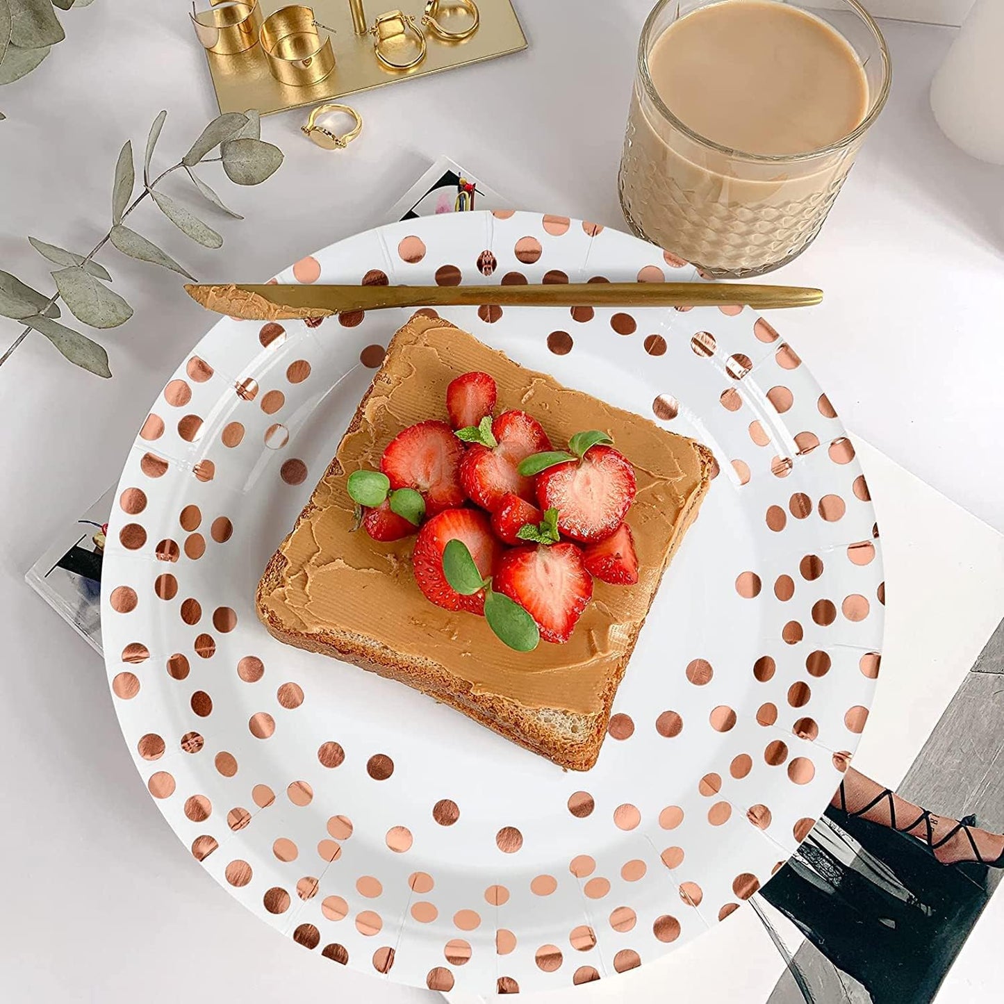 Rose and White Gold Paper Plates and Napkins-200PCS-100 x 7" Plate & 100 x 6.5"" Napkins,Disposable Rose Paper Plates and Napkins Party Supplies for Birthday,Wedding,Bridal Showers,Anniversary