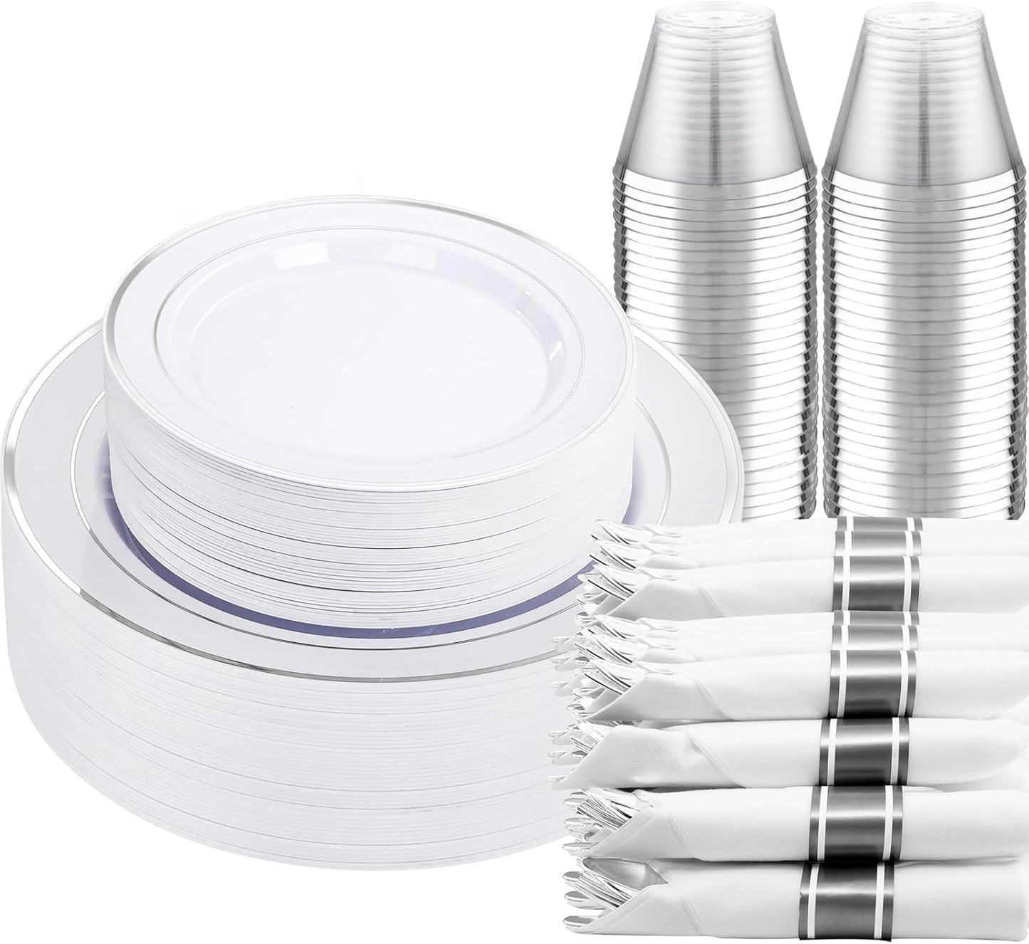 DaYammi 210PCS Silver Plastic Dinnerware Set for 30 Guests, Fancy Disposable Plates for Party, Include: 30 Dinner Plates, 30 Dessert Plates, 30 Pre Rolled Napkins with Silver Silverware, 30 Cups