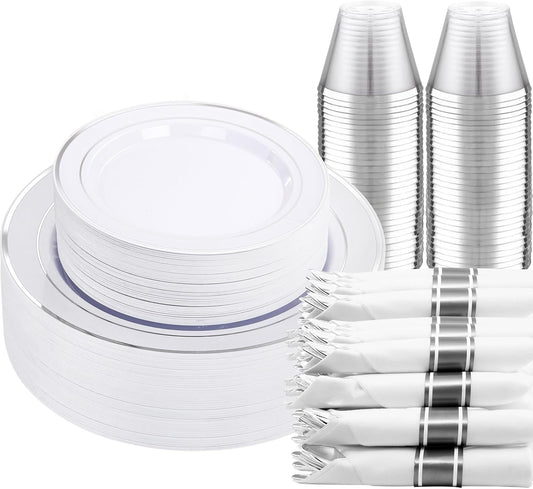 DaYammi 210PCS Silver Plastic Dinnerware Set for 30 Guests, Fancy Disposable Plates for Party, Include: 30 Dinner Plates, 30 Dessert Plates, 30 Pre Rolled Napkins with Silver Silverware, 30 Cups