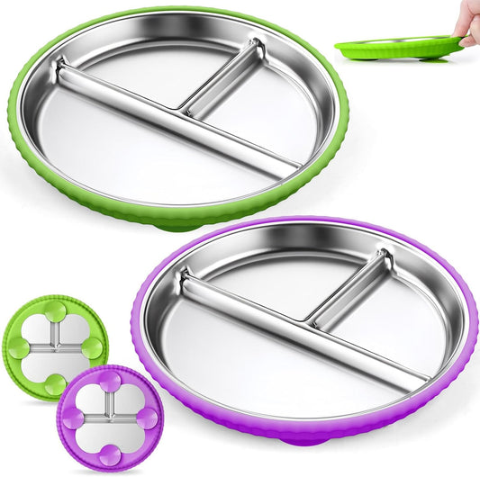 Stainless Steel Kids Plates with Suction, 2Pack 9" Divided Toddler Plates Removable Non Slip Silicone Sleeves Baby Feeding Led Weaning Supplies, BPA Free, Unbreakable Dishwasher Safe