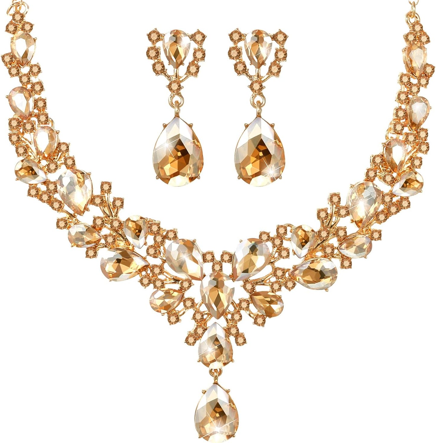 Hicarer Bridal Teardrop Cluster Crystal Jewelry Set for Women Necklace Earrings Wedding