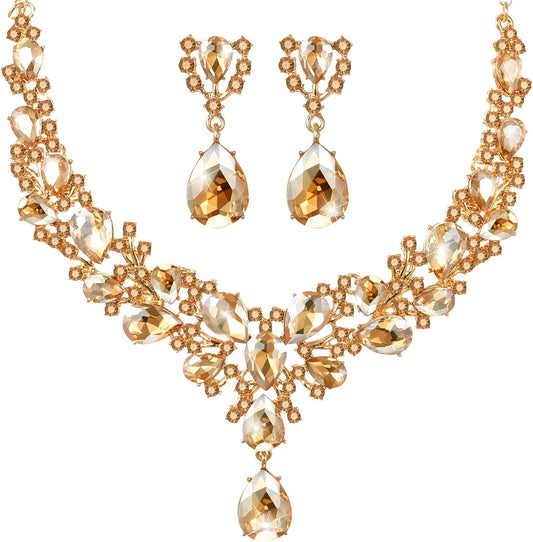 Hicarer Bridal Teardrop Cluster Crystal Jewelry Set for Women Necklace Earrings Wedding