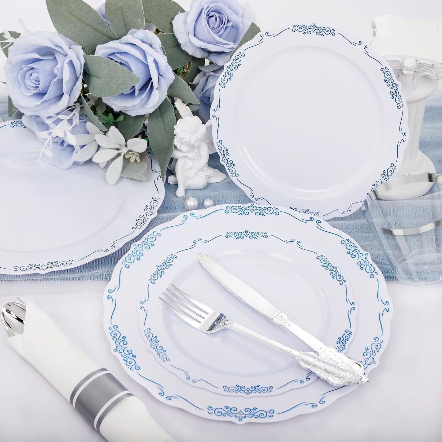 DaYammi 350Pcs Blue and White Plastic Plates Disposable Blue Plates for Party Include 50 Dinner plate,50 Dessert plate- 50 Per Rolled Napkins with Silver Cutlery- 50 Disposable Cups 9 OZ for Wedding