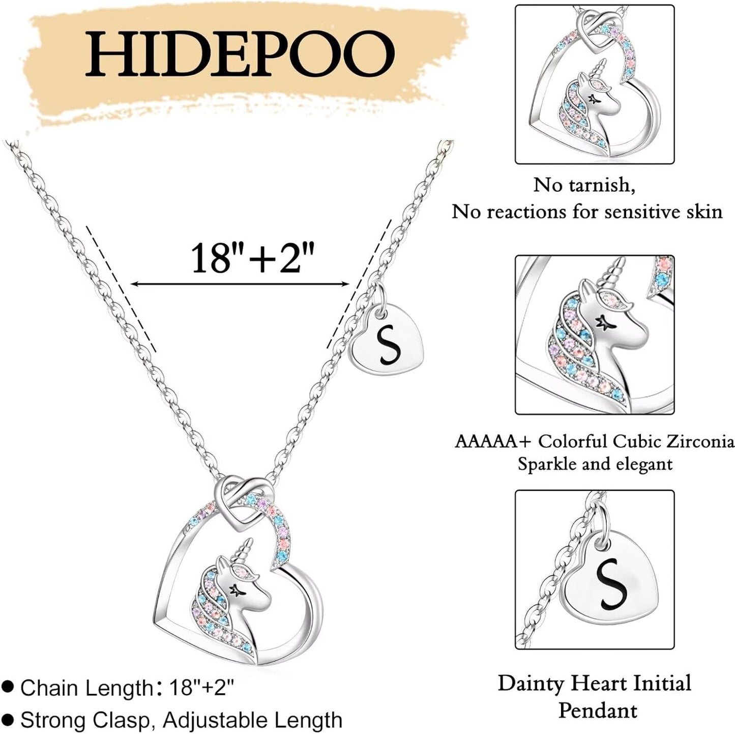 Hidepoo Stocking Stuffers for Teen Girls Kids - Colorful CZ Heart Pendant Initial Unicorn Necklaces for Girl Jewelry Birthday Gift Christmas Gifts for Grandkids Girls Kid
