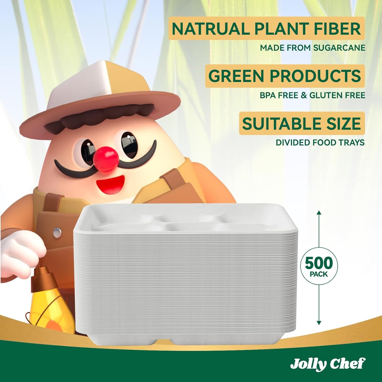 JOLLY CHEF Compostable 𝟱 Compartment Paper Plates 𝟭𝟭 * 𝟴 𝗶𝗻𝗰𝗵 [𝟱𝟬𝟬 𝗣𝗮𝗰𝗸] Heavy Duty White Divided Disposable Plate Eco-Friendly Biodegradable Food Trays for Party Lunch Thanksgiving Day