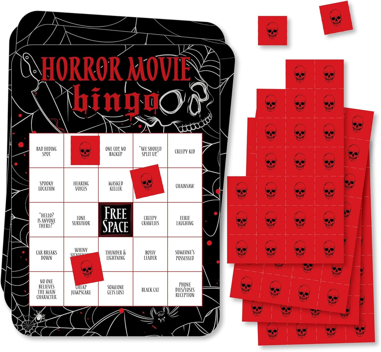 Big Dot of Happiness Horror Movie Bingo, Halloween Party Games, Scary Movie Night Activity, Interactive Watch Party Halloween Bingo - Set of 18