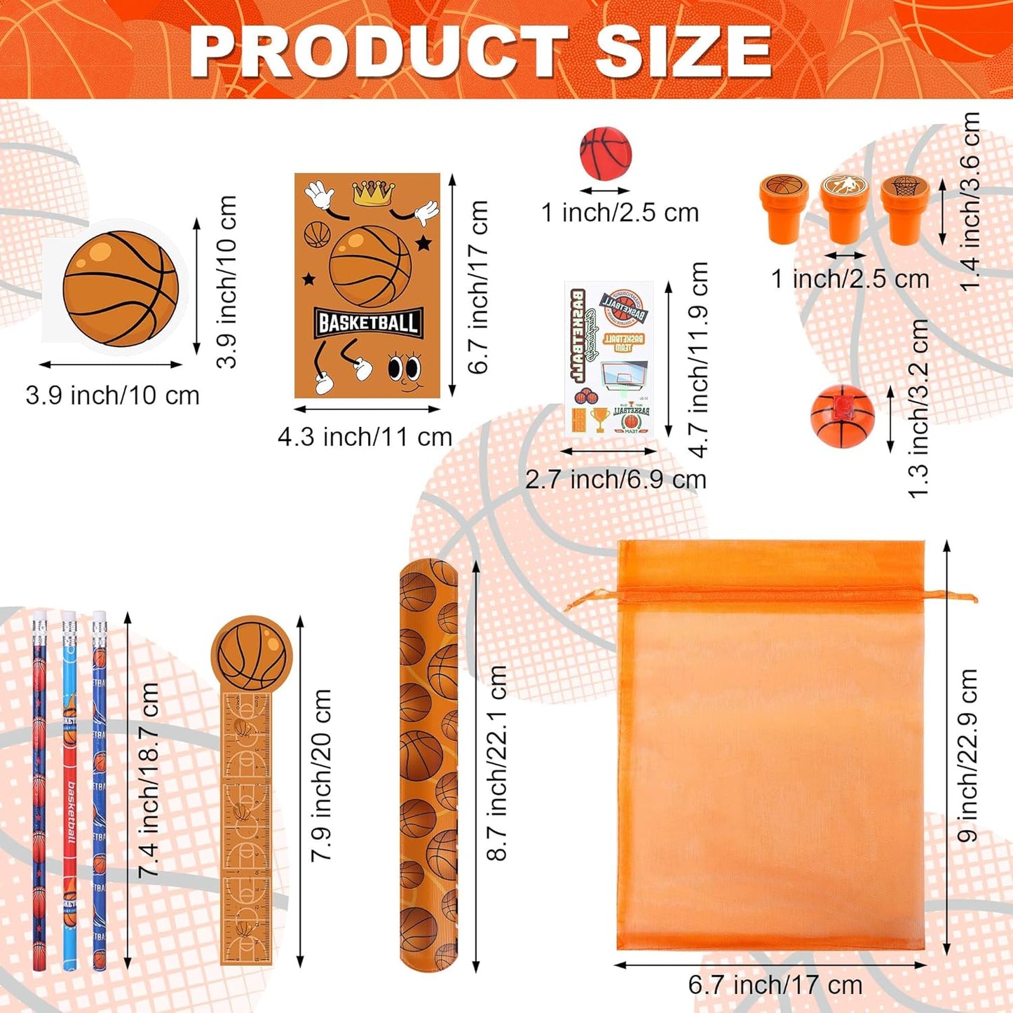 Aneco 340 Pieces Basketball Party Favor Set Basketball Goodie Bags Stuffers Mini Card Pencil Sharpener Eraser Stamp Slap Bracelet Sticker School Stationery Bulk for Party Team Game Prize Birthday Gift