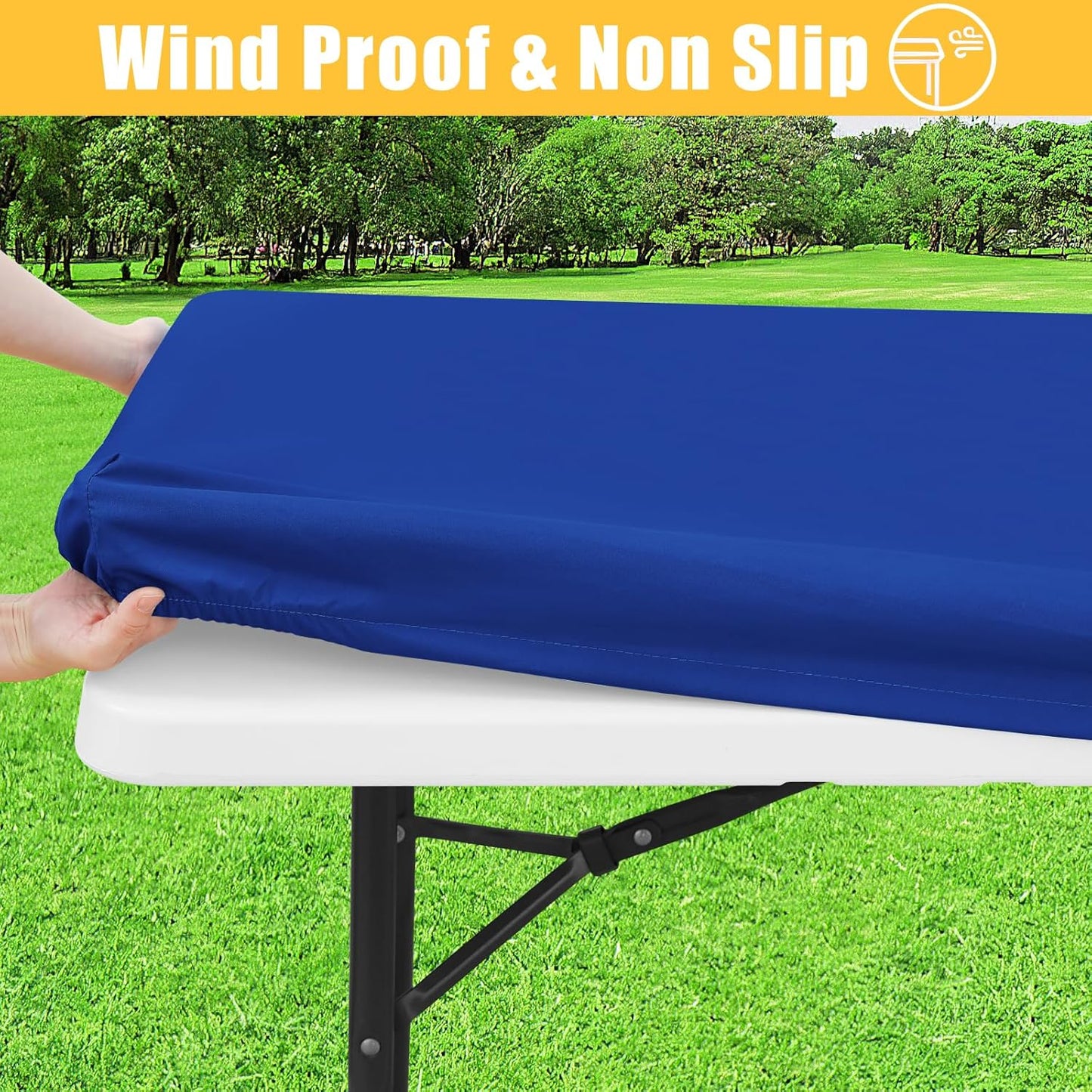 Rectangle Table Cloth, Waterproof Elastic Fitted Tablecloth for 6 Foot Folding Tables, Washable Polyester Tablecloths for Picnic, Camping, Outdoor (Blue, 30"x72")
