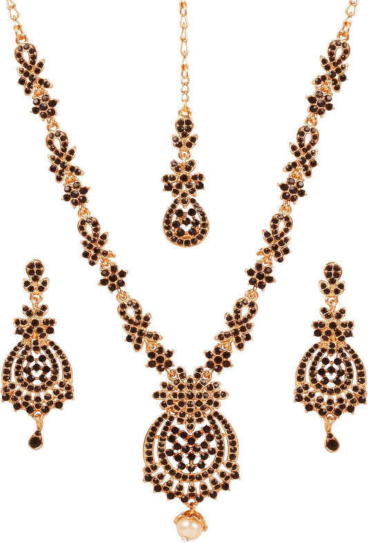 Touchstone Indian jewelry sets for women maang tikka wedding guest gold necklace bollywood jewellery set pageant elegant prom bride accessories western crystal chunky rhinestone necklaces