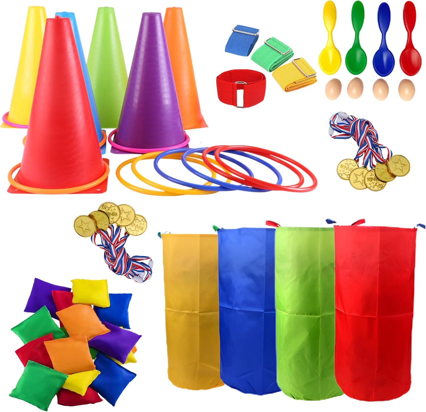 CircleCraft 53 Pcs Outdoor Games for Kids & Adults – Field Day & Lawn Carnival Games | Ring Toss, Bean Bag, Potato Sack Race Bags, Egg Spoon, Relay Race & Yard Game for Christmas and Easter