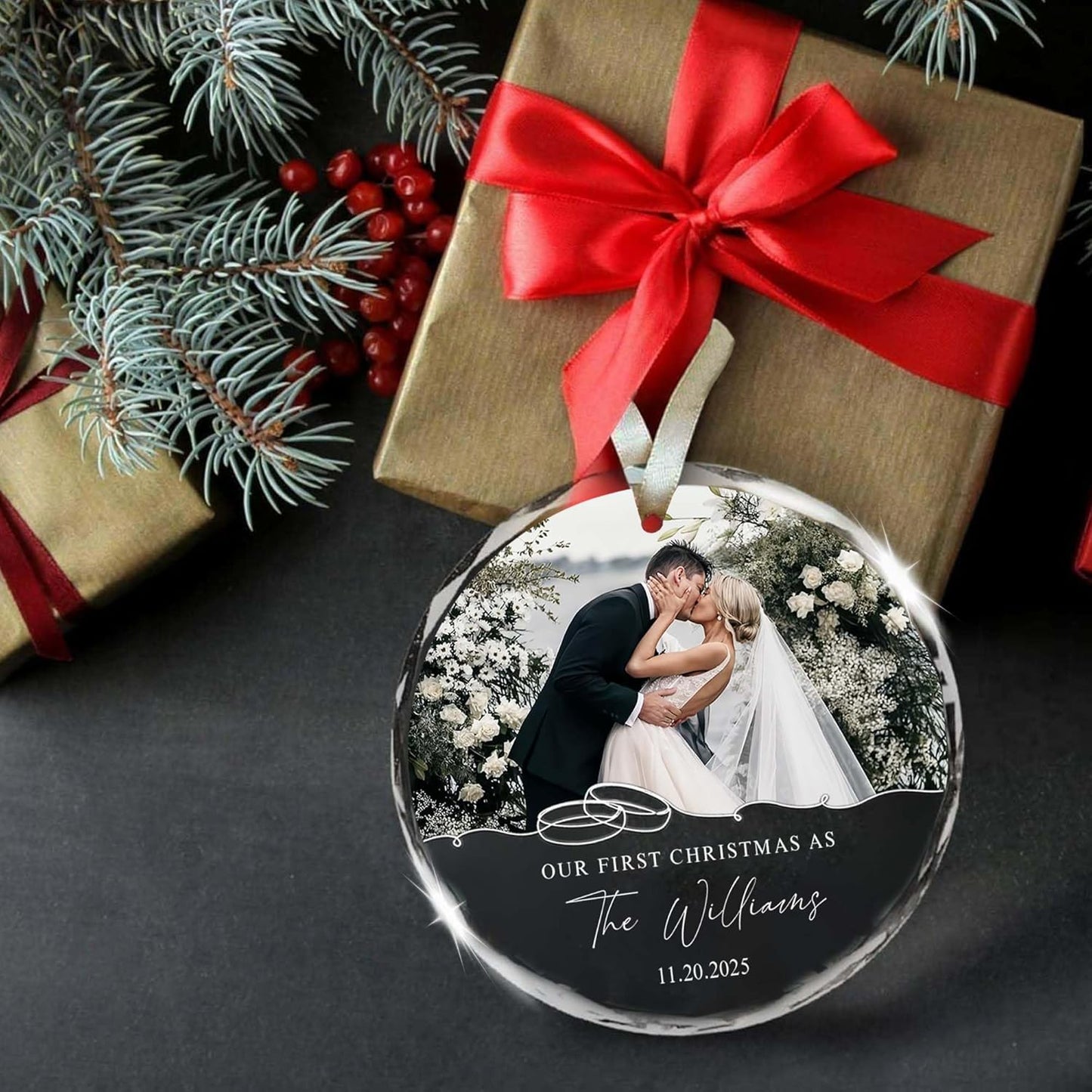Personalized First Christmas Married Ornament, Custom Photo 1st Christmas Married Ornaments, Just Marry Ornaments Gifts for Newlyweds - Glass Wedding Ornament 2025 Gift for Couple with Box