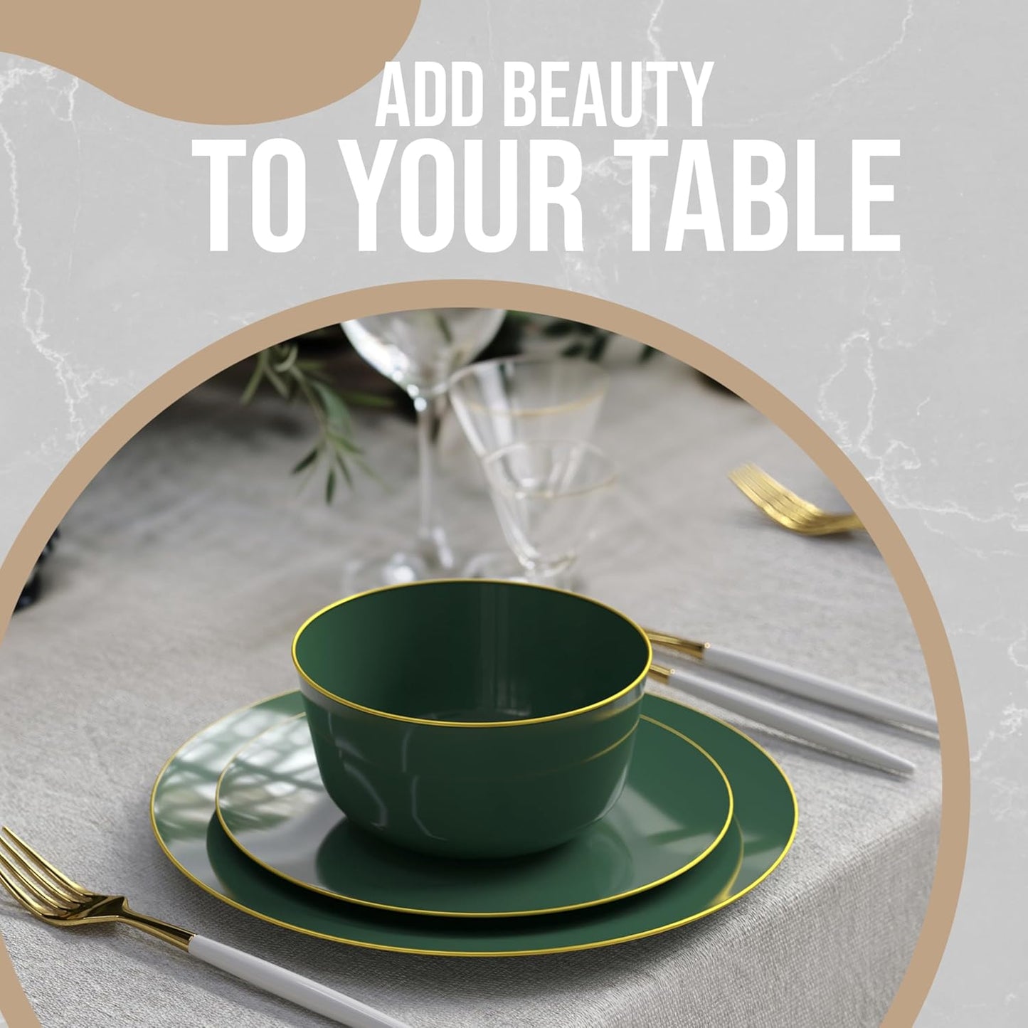 Trendables Disposable Bowls - 24 Oz Set of 50, Green Gold Rimmed Fancy Serving Bowls, Perfect for Ice Cream, Salad, and Candy