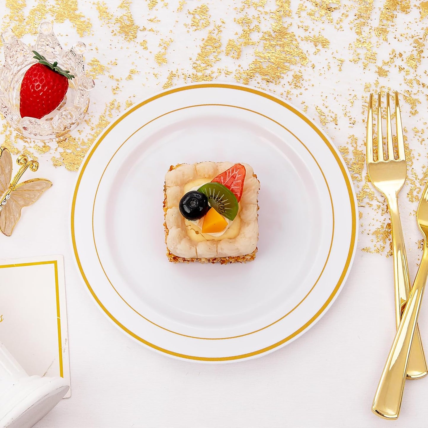 I00000 144 Small Plastic Dessert Plates Set Include 72 Pcs Gold Dessert Plates 7.5" with 72 Pcs Forks 7.5",Disposable Cake Plate,Fancy White Gold Plastic Small Plates for Party