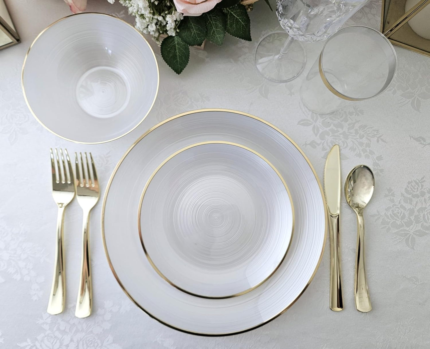 " OCCASIONS " 50 Plates Pack (25 Guests)-Wedding Party Disposable Plastic Plate Set -25 x 10'' Dinner + 25 x 7'' Salad & Dessert plates (Belize in White Pearl & Gold)